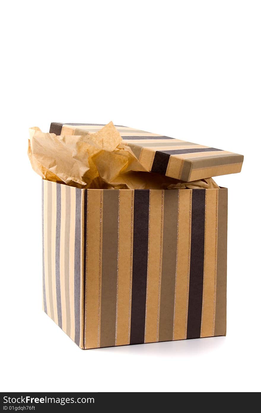 Isolated open gift box with craft paper inside