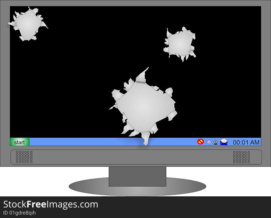 Screen on monitor, has holes torn in it. Screen on monitor, has holes torn in it