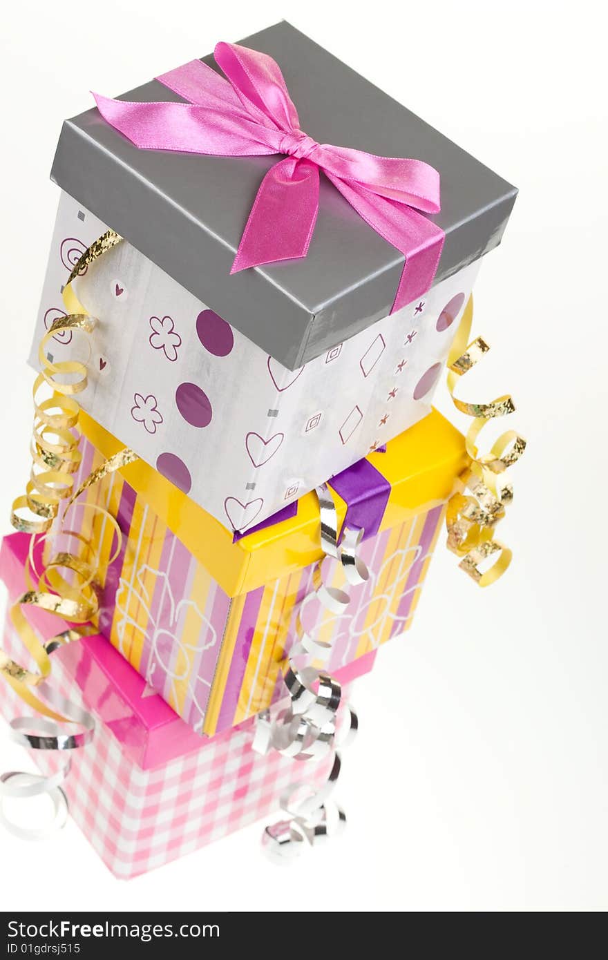 Various gift boxes with bow and ribbon