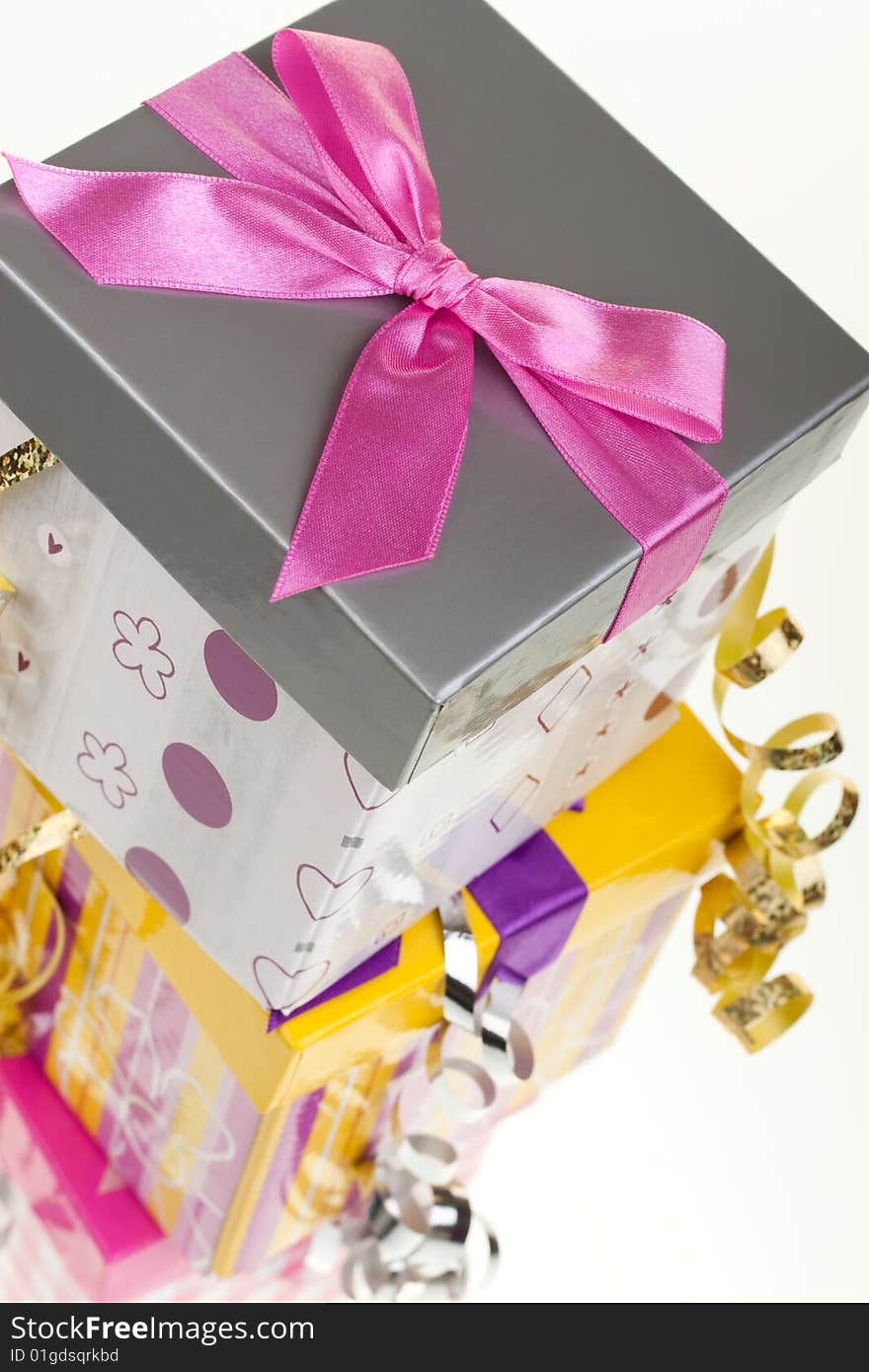 Various gift boxes with bow and ribbon