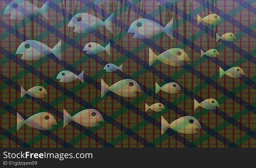 Assorted colored fish swimming back and forth caught in net. Assorted colored fish swimming back and forth caught in net