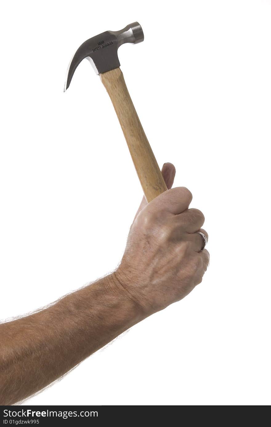 Strong male arm with heavy-duty hammer against a white background. Strong male arm with heavy-duty hammer against a white background