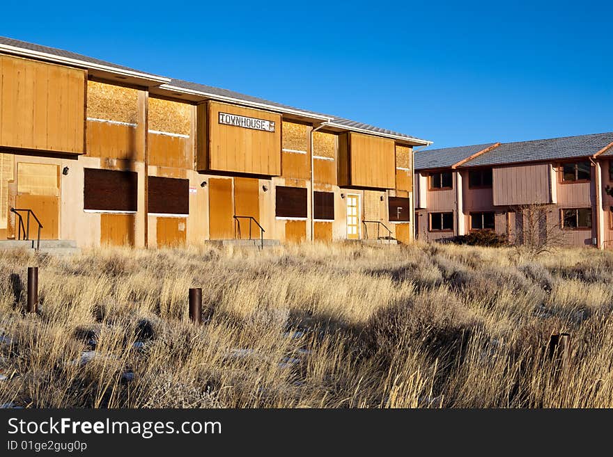 Abandoned townhouses in Jeffrey City, Wyoming - a Uranium-mining boomtown established around 1957, it went bust when the mine shut down in 1982 and 95% of its population fled the city.