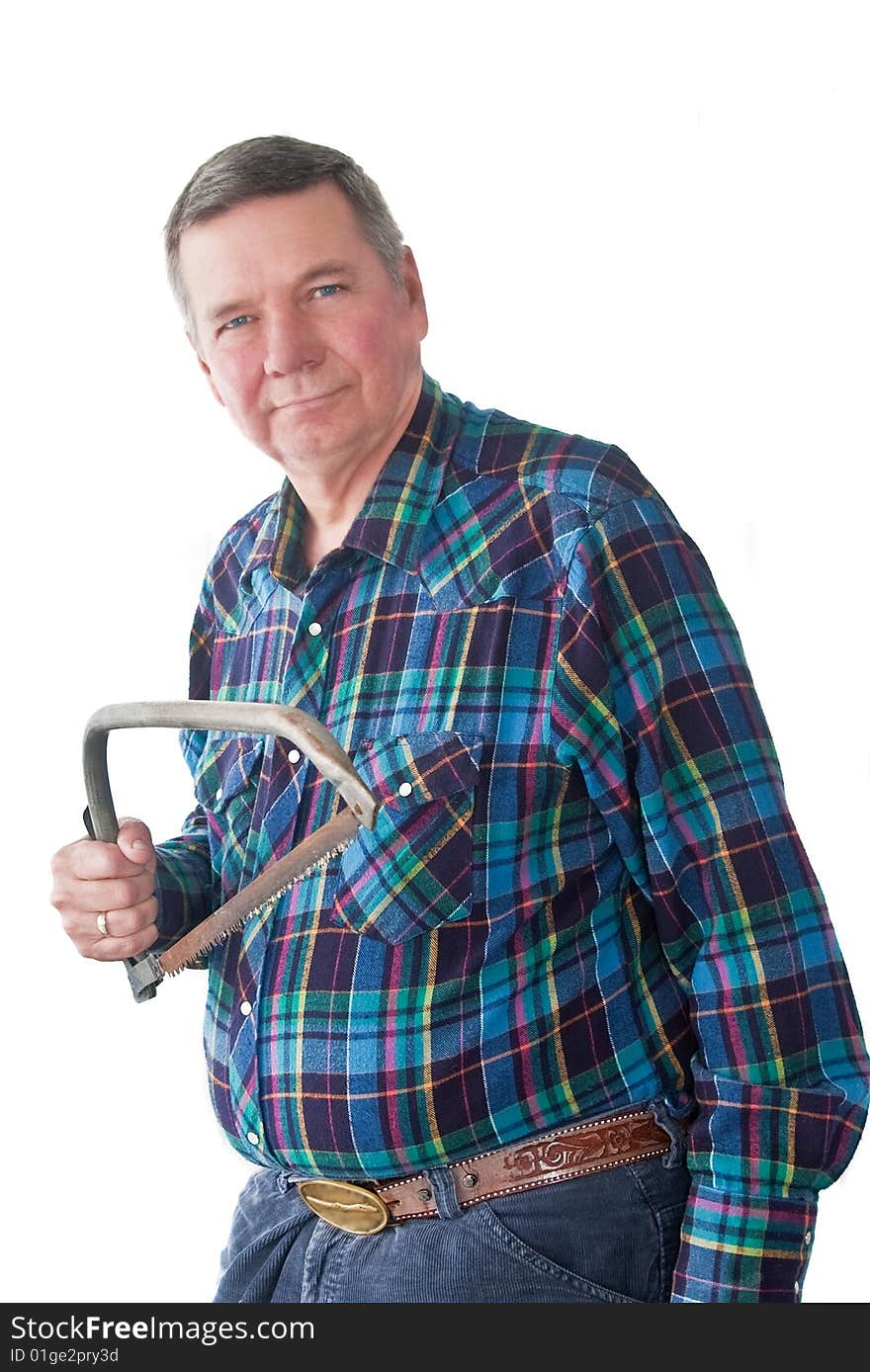 Portrait of mature DIYer with tree trimming had saw, isolated on a white background.