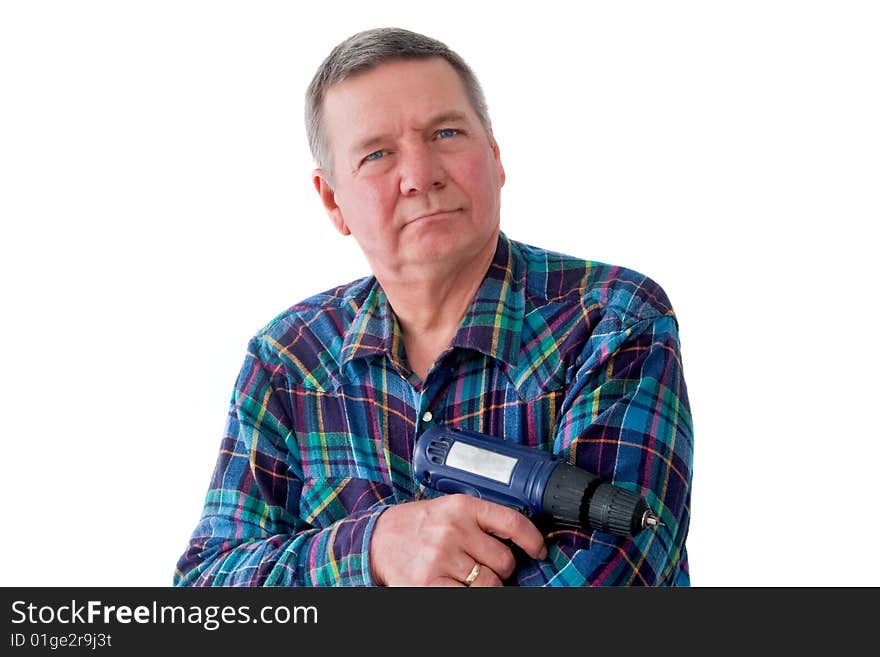 Portrait of mature handyman with cordless drill, isolated on a white background. Portrait of mature handyman with cordless drill, isolated on a white background.