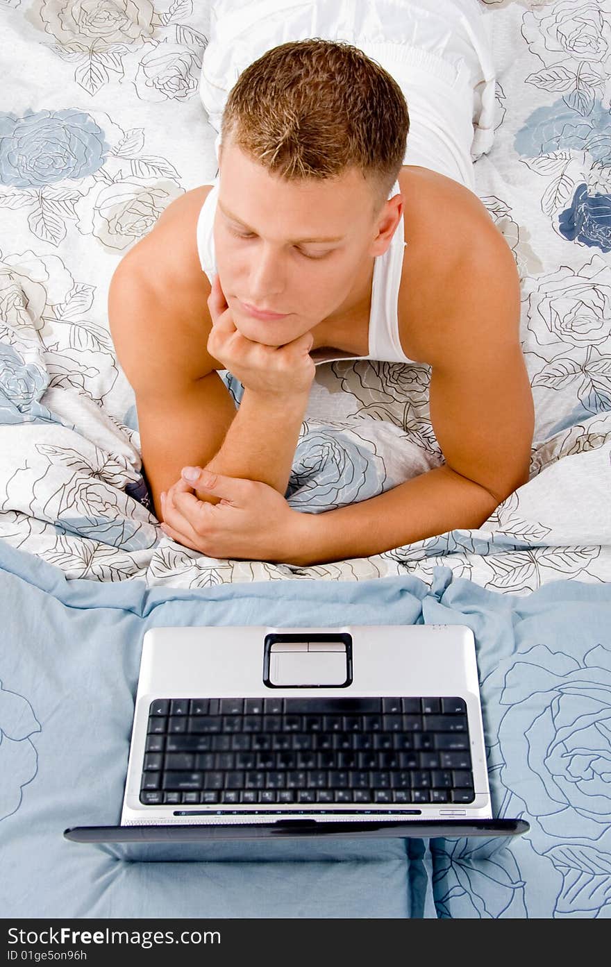 Man resting and thinking something in bed. Man resting and thinking something in bed