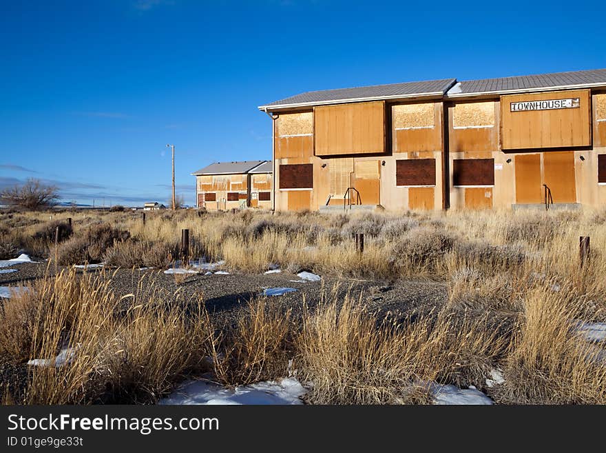 Abandoned town in Wyoming. Jeffrey City, Wyoming - a Uranium-mining boomtown established around 1957, it went bust when the mine shut down in 1982 and 95% of its population fled the city.