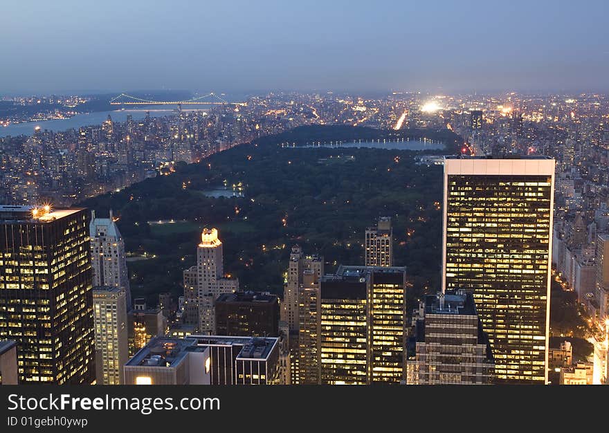 Aerial view of New York City at Night.