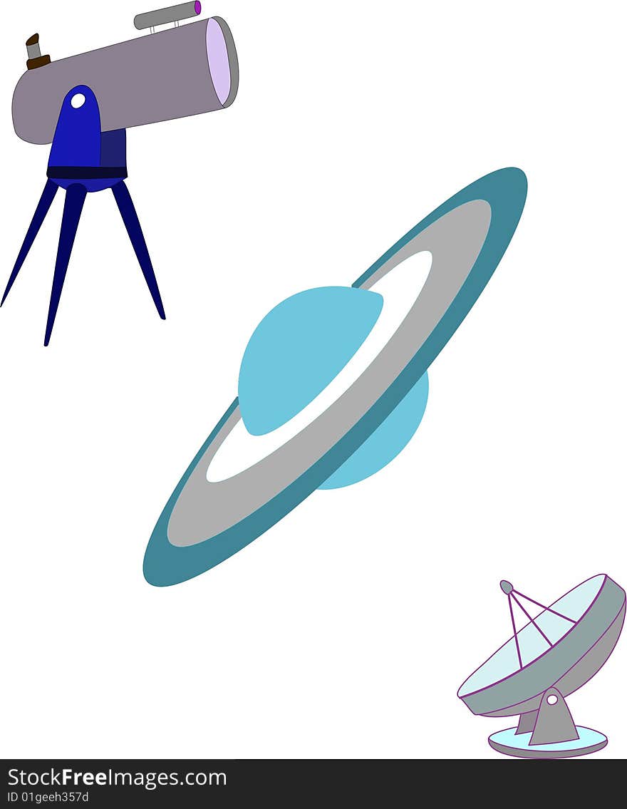 Telescope, planet with an orbital ring, a radio telescope, the optical device, the electronic device. Telescope, planet with an orbital ring, a radio telescope, the optical device, the electronic device