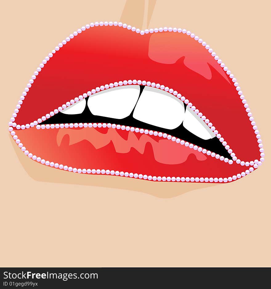 Open shining red lips decorated with pailetts. Open shining red lips decorated with pailetts