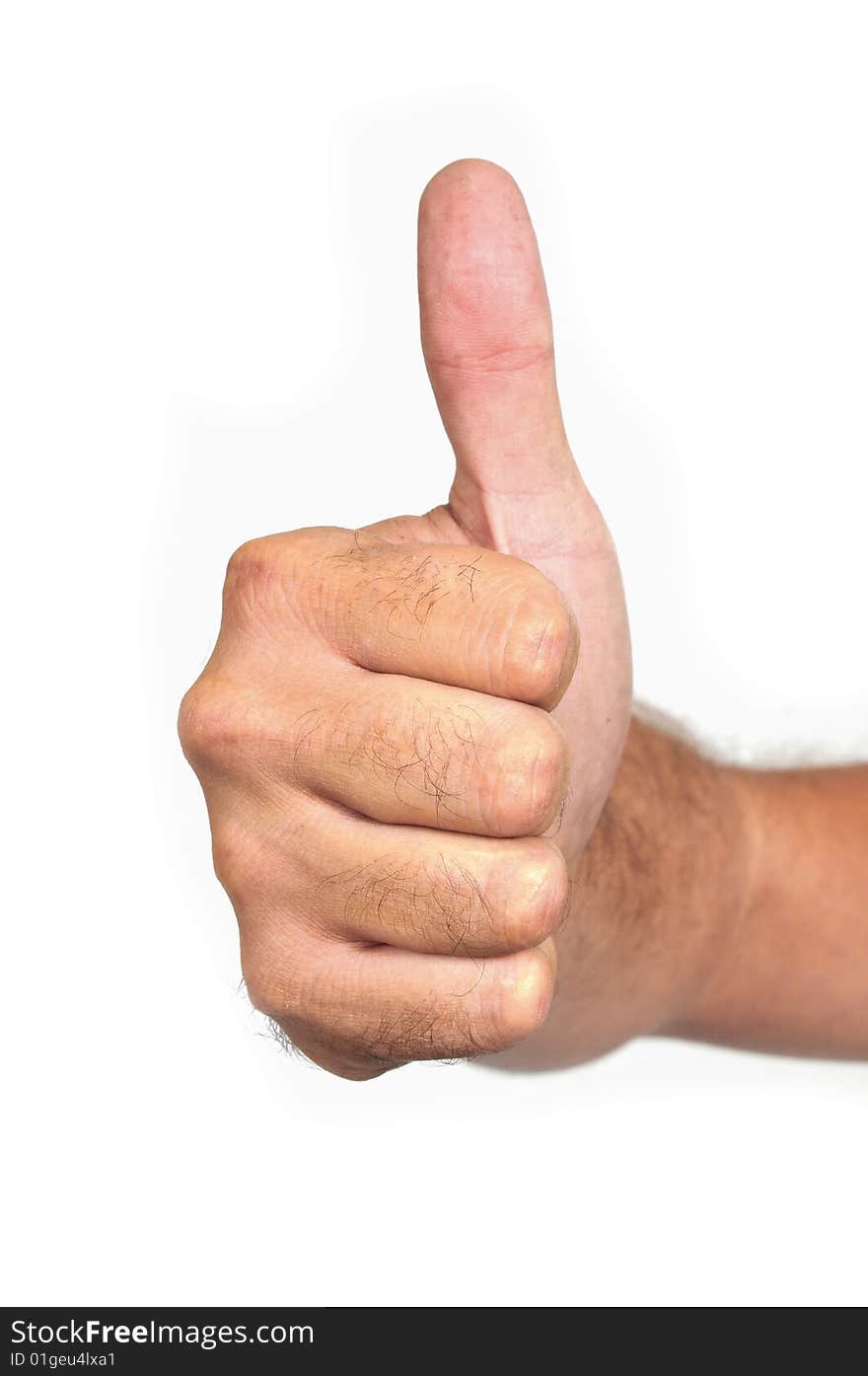 Hairy male hand shows a thumbs up sign on white background. Hairy male hand shows a thumbs up sign on white background