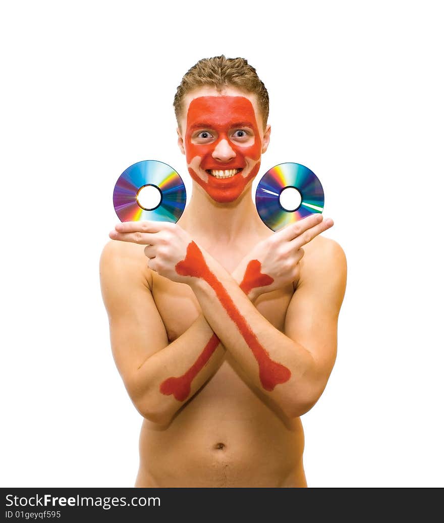 Smiling Man With Painted Body And Face Holding Two