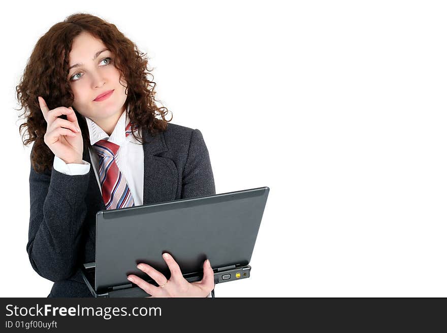 Thinking - Business woman with notebook isolated on white