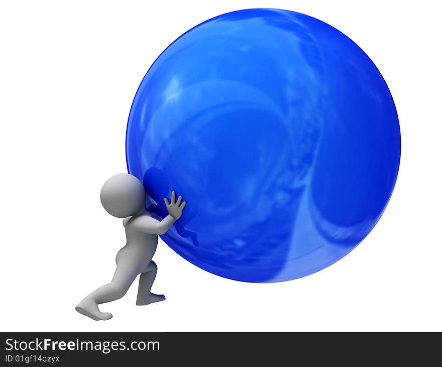 Abstract man push on big blue ball.