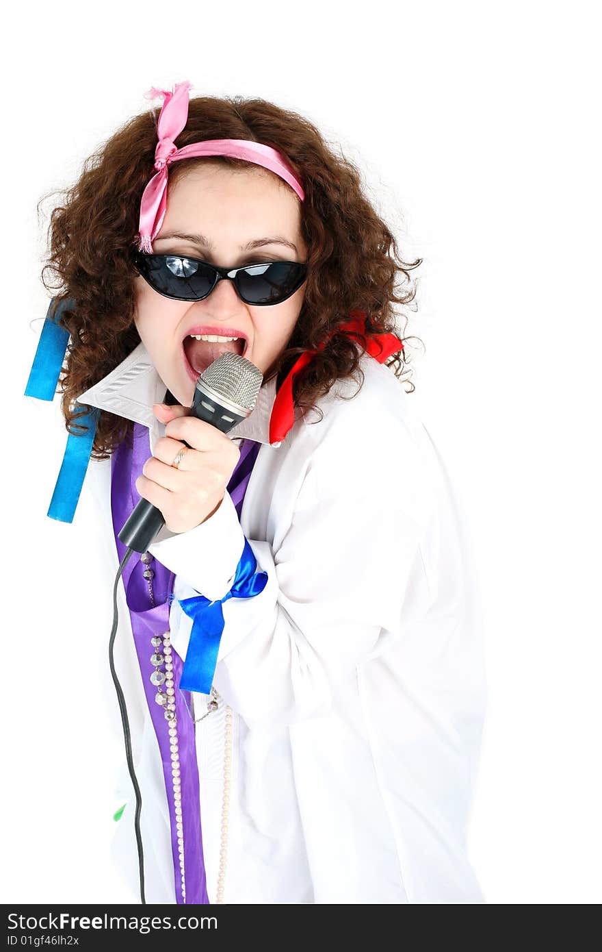 Girl singer with mic isolated on white