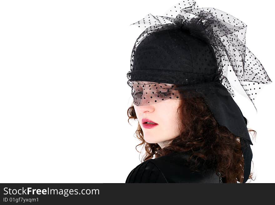 Lovely girl in hat with veil isolated on white