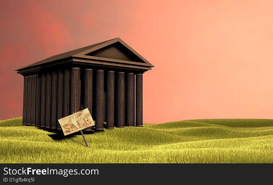 3d illustration of old temple in the middle of the grass(stocks exchange building symbol)