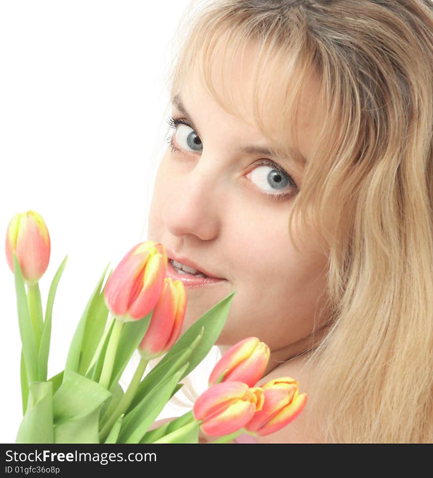 Girl with tulips on white background