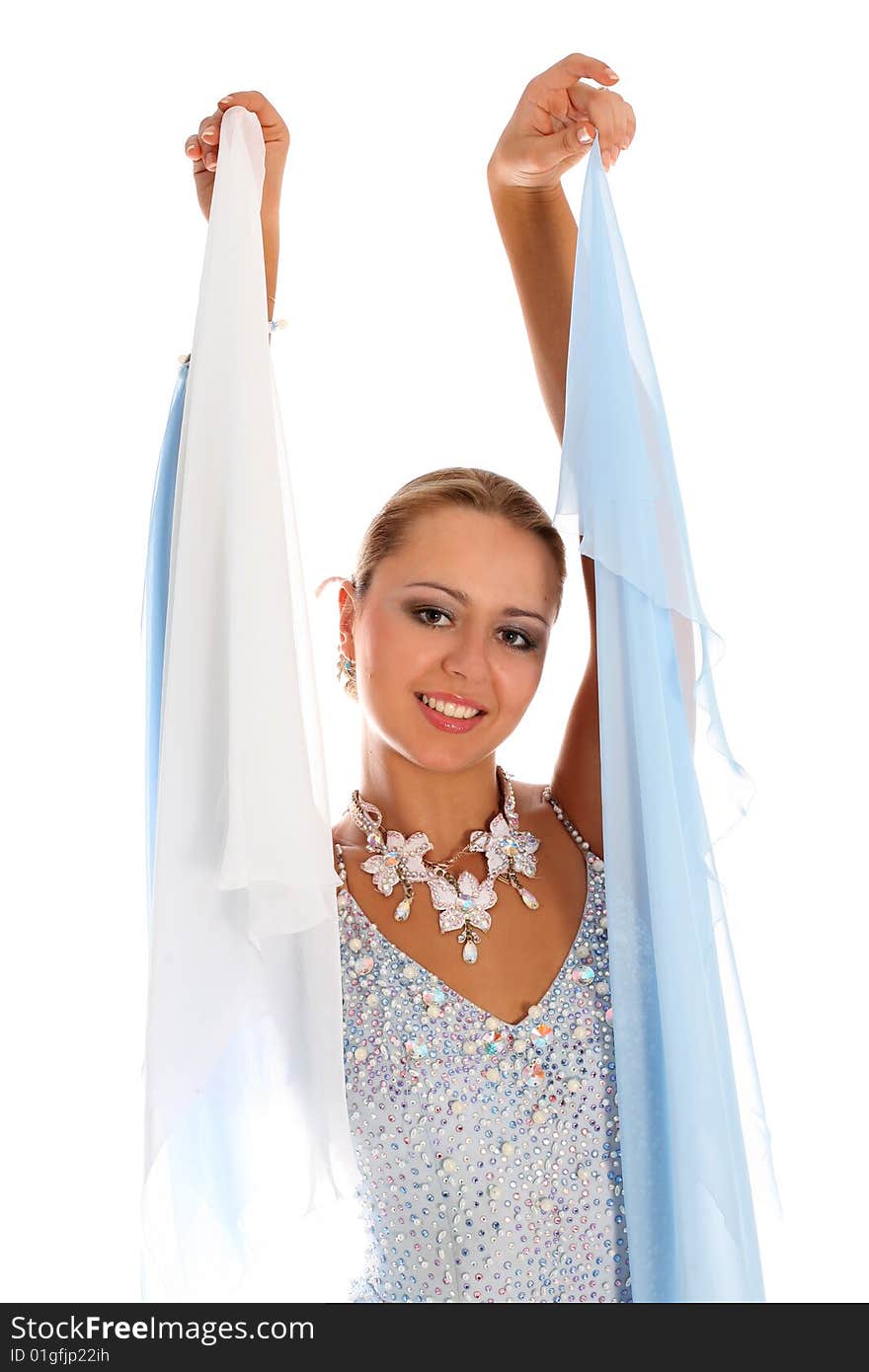 Dancer in classical blue-white dress isolated on white