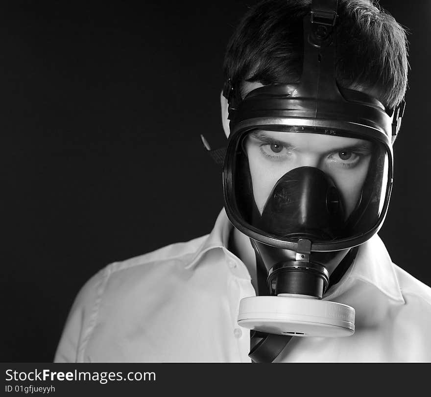 Man with gas mask, looking to camera. Man with gas mask, looking to camera