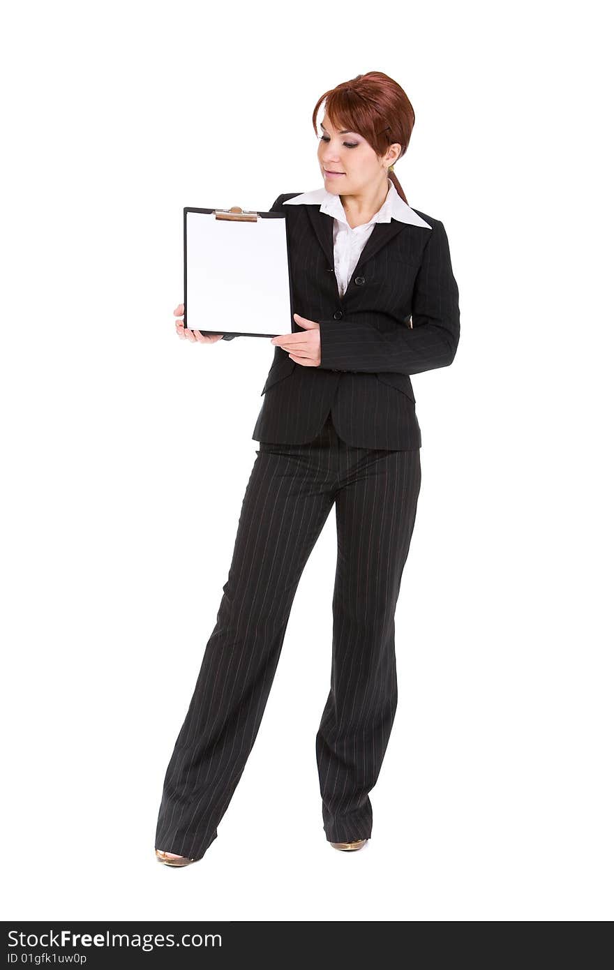 Attractive brunette businesswoman with board. over white background