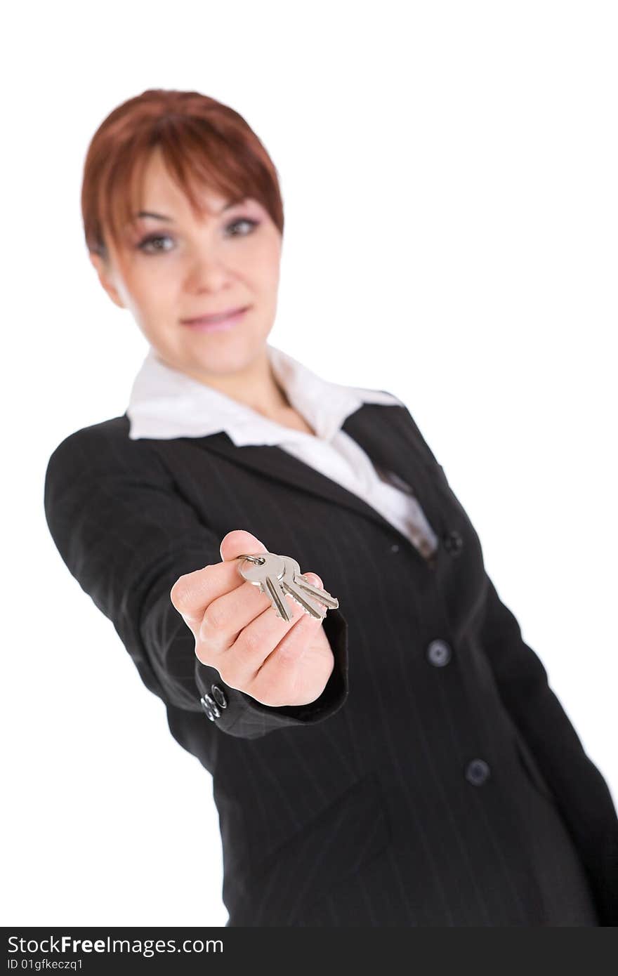 Real estate agent with keys over white background