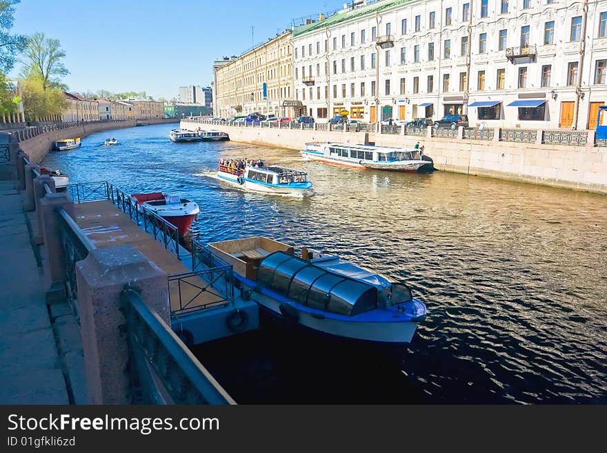 Blue water of a canal in Saint Petersburg, Russia, spring