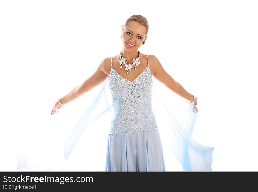 Blonde dancer in classical blue-white dress isolated on white