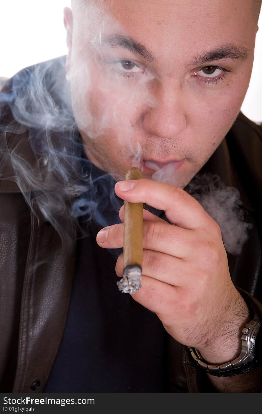 Danger  man smoking cigar. over white background. Danger  man smoking cigar. over white background