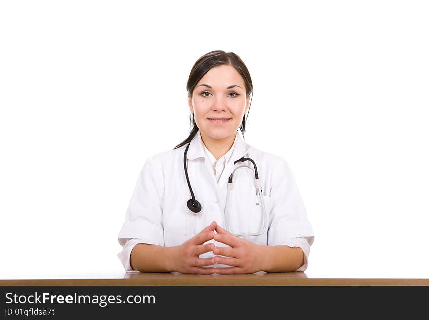 Attractive brunette doctor . over white background. Attractive brunette doctor . over white background