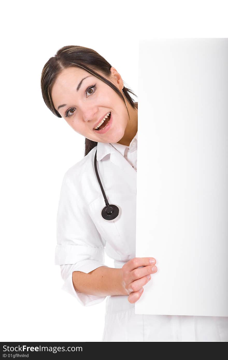 Attractive female doctor with board. over white background