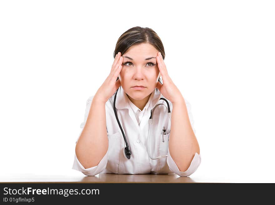 Attractive brunette doctor . over white background. Attractive brunette doctor . over white background