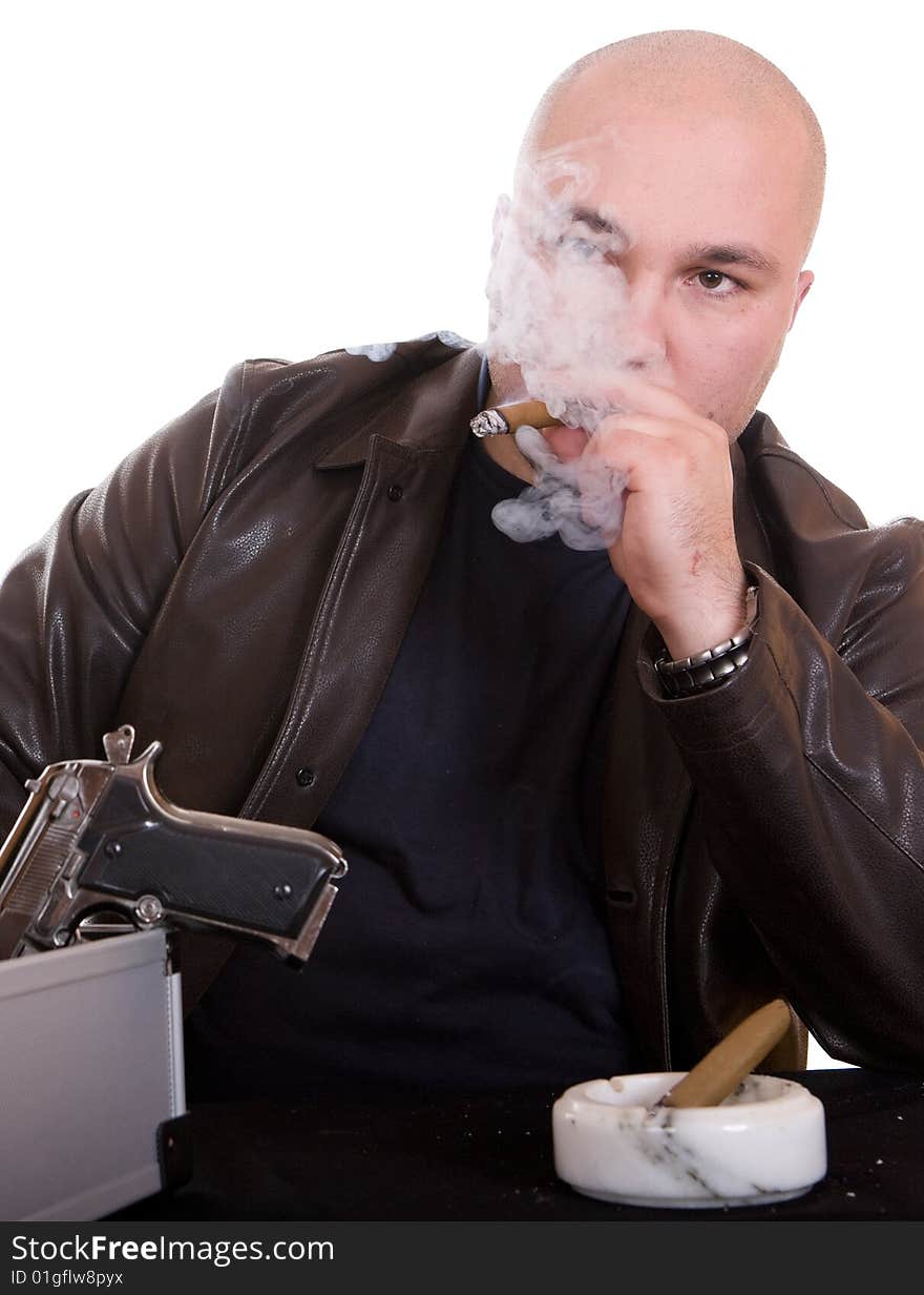 Danger  man smoking cigar. over white background. Danger  man smoking cigar. over white background