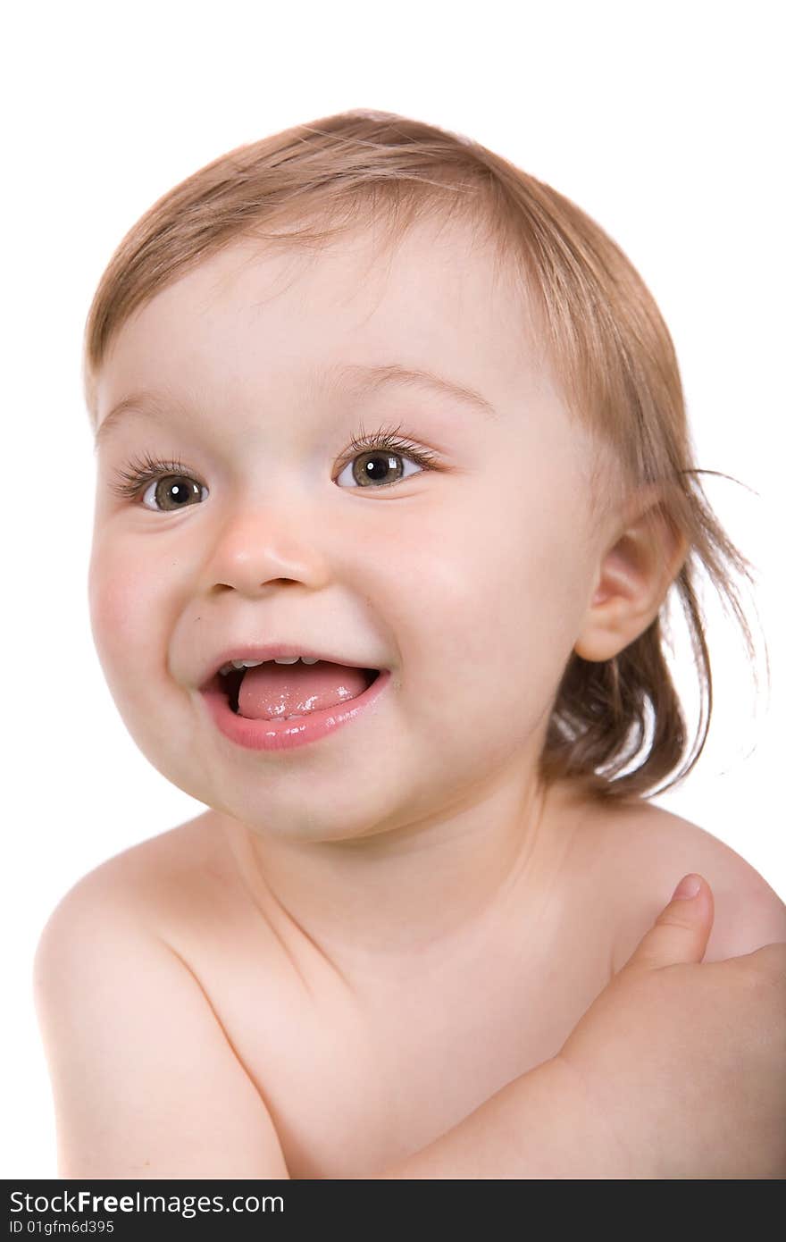 Happy baby girl over white background. Happy baby girl over white background