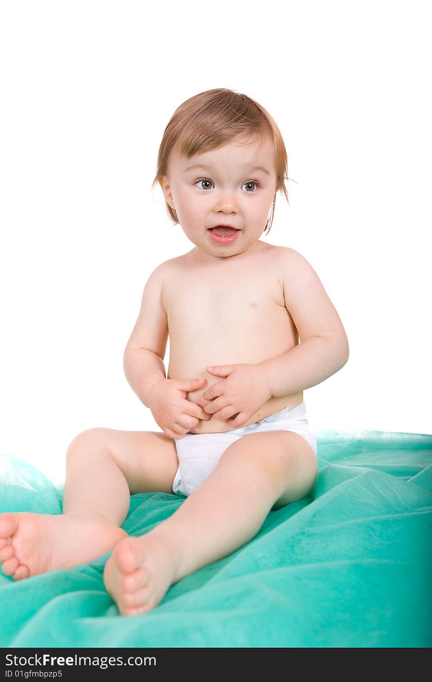 Happy baby girl over white background. Happy baby girl over white background