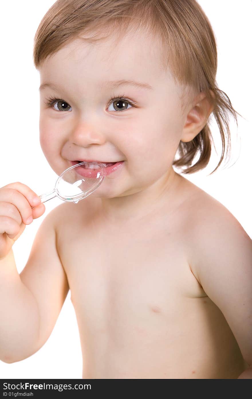 Happy baby girl over white background. Happy baby girl over white background