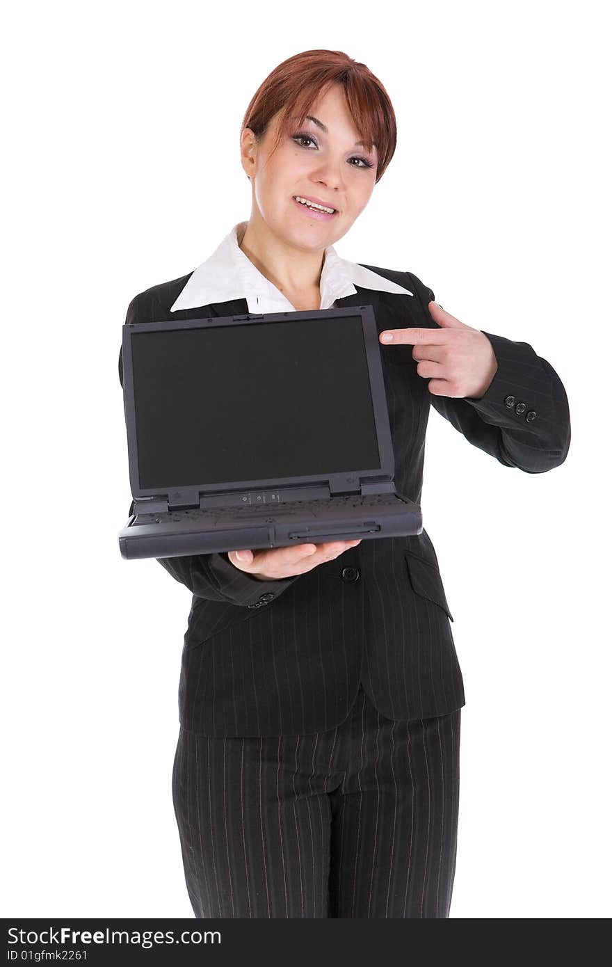 Attractive businesswoman with laptop. over white background