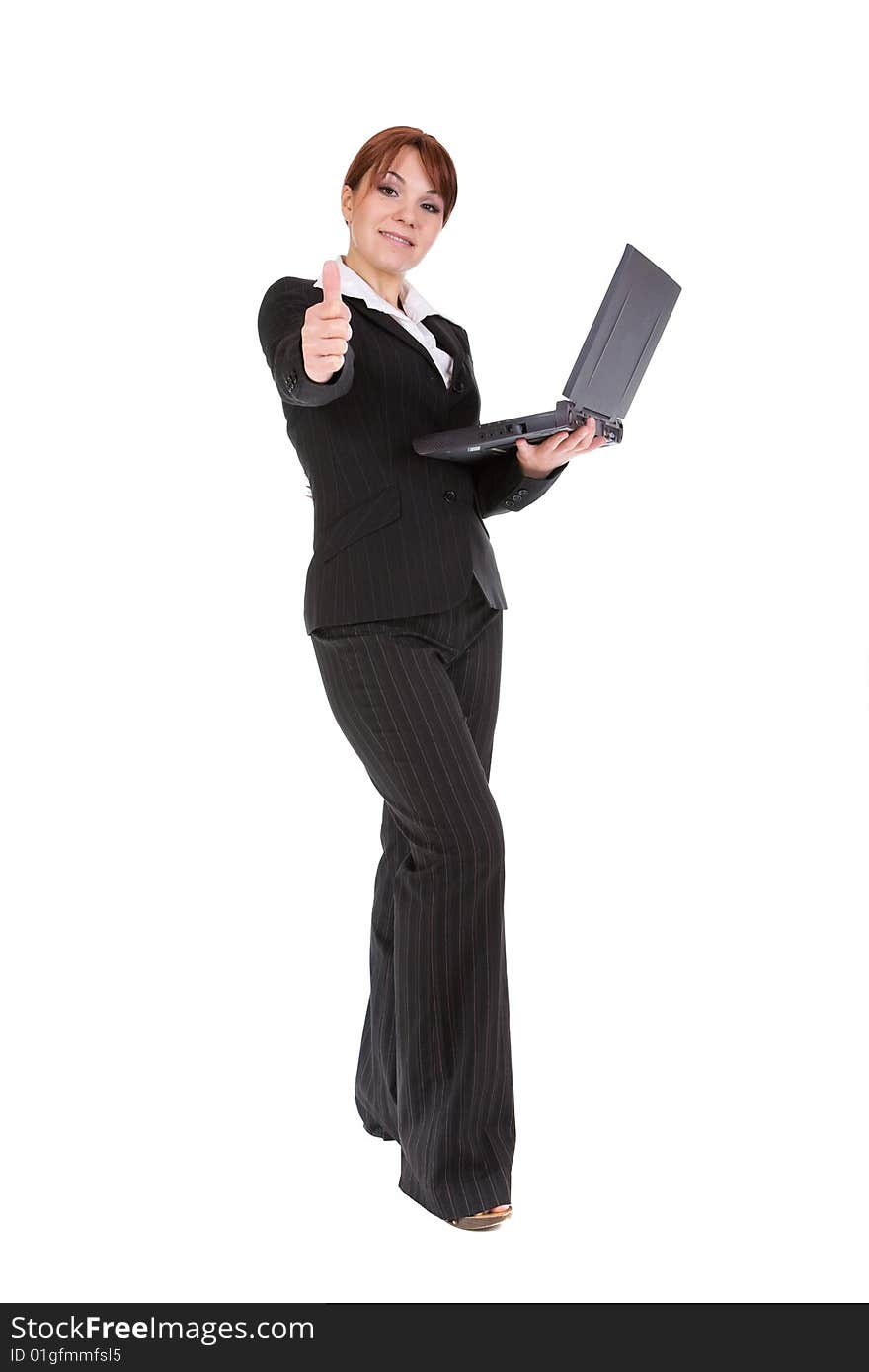 Attractive businesswoman with laptop. over white background