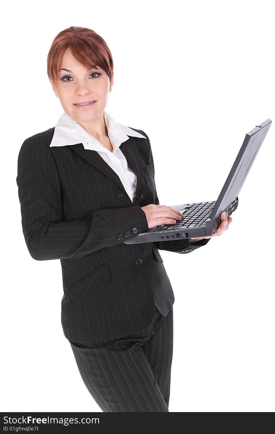 Attractive businesswoman with laptop. over white background