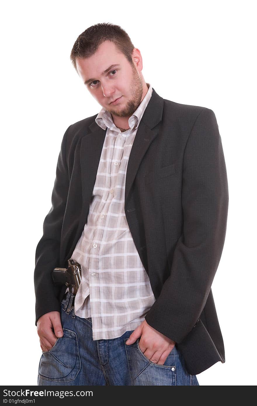 Danger man with gun. over white background