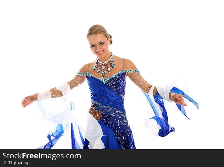 Dancer in classical blue-white dress isolated on white