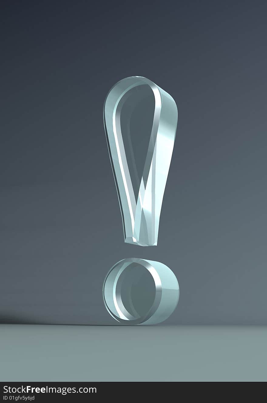 3D graphics. An exclamation mark, made of glass or plexi.