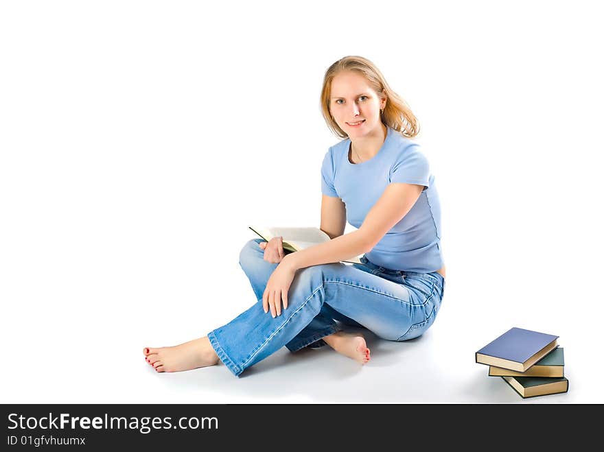 Young girl with books isolated on white background