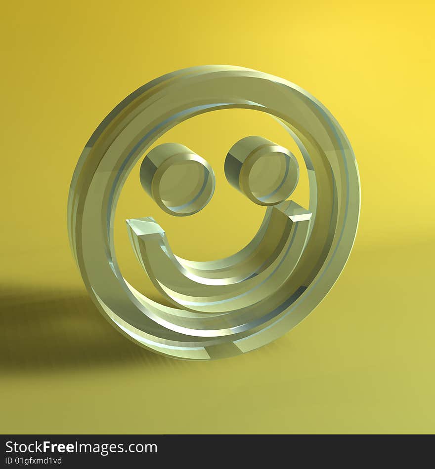 3D graphics. Smiley, made of glass or plexi, on yellow background