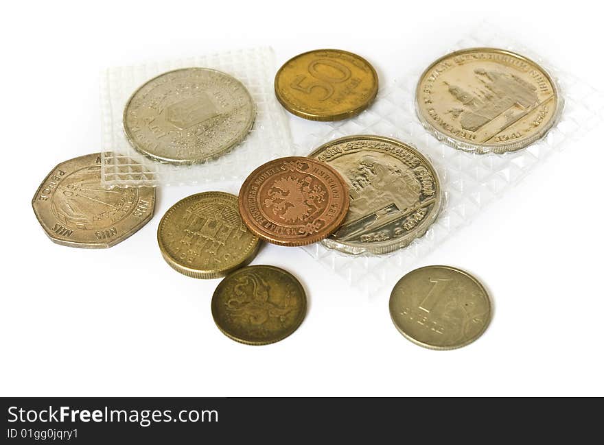 Old coins collection isolated on white background