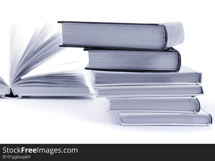 Stack of books closeup. monochrome image