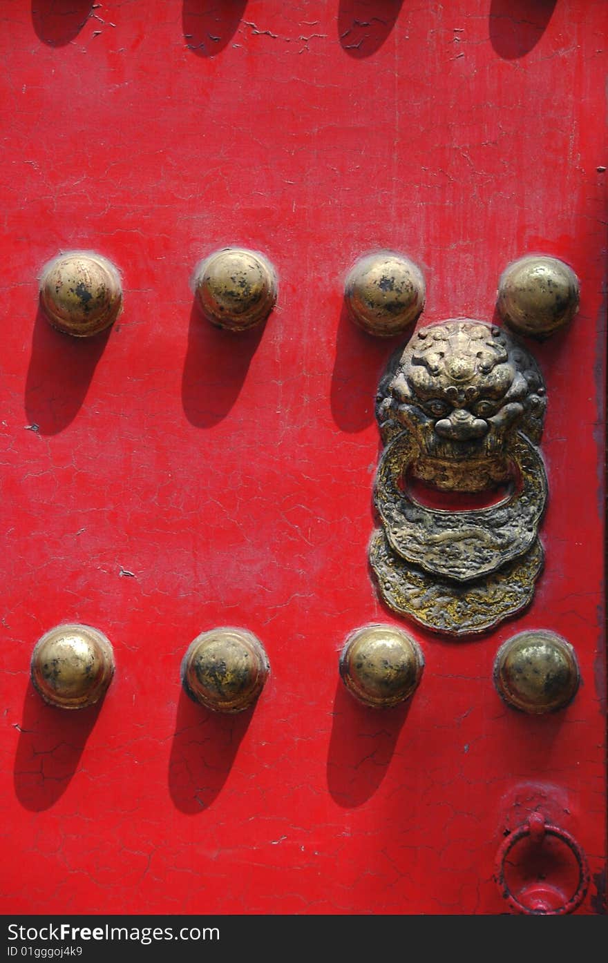 Chinese red door with decorations