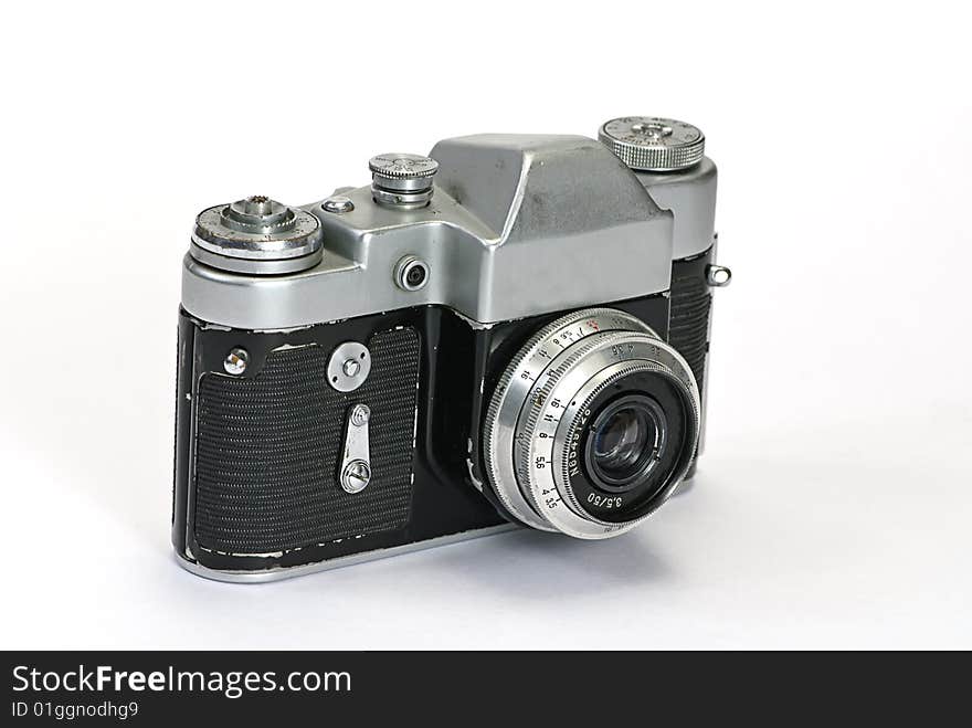 Old photo cameras on white background