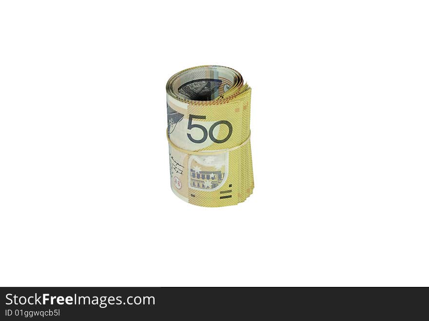 Roll of fifty dollar notes. Roll of fifty dollar notes