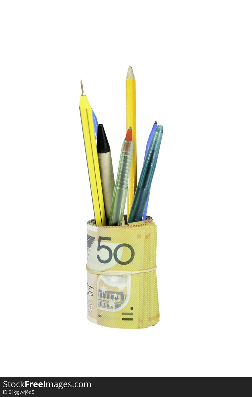 Stationary holder made of fifty dollar notes. Stationary holder made of fifty dollar notes